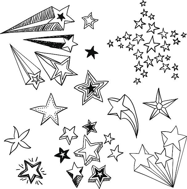 Flying Stars in black and white Various ornate flying stars in sketch style, Black and White shiny illustrations stock illustrations