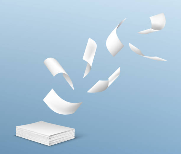 Flying white paper sheets from stack of documents Flying white paper sheets from stack of documents. Vector realistic illustration of chaotic flight of blank note pages on wind on blue background. Office paperworks concept flying stock illustrations