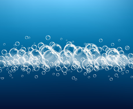 Foam realistic. Soapy transparent balls on dark background macro gel blow powder oxygen vector