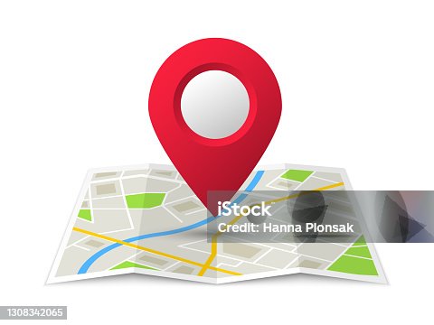 istock Folded location map with marker. City map with pin pointer. GPS navigation map with city street roads. Vector illustration. 1308342065