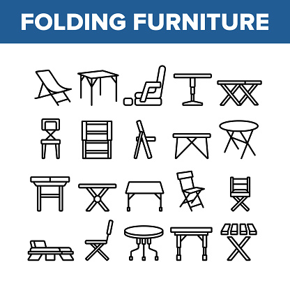 Folding Furniture Collection Icons Set Vector. Table And Chair, Lounge And Armchair Compact And Garden Relaxation Furniture Concept Linear Pictograms. Monochrome Contour Illustrations