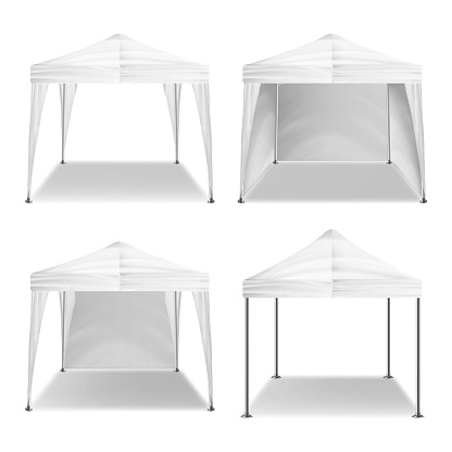 Folding Tent Outdoor Pavilion Set Vector. Realistic Template Blank. Promotional Outdoor Event Trade Show Pop-Up White Tent Mobile Marquee, Template. Product Advertising. Vector Illustration