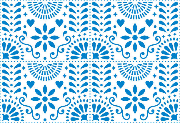 Folk art vector seamless pattern, Mexican blue design with flowers inspired by traditional art form Mexico Repetitive background with flowers and abstract shapes isolated on white mexican culture stock illustrations