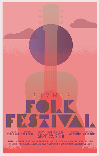 Folk festival art deco style poster design template with guitar and sun. Fully editable.