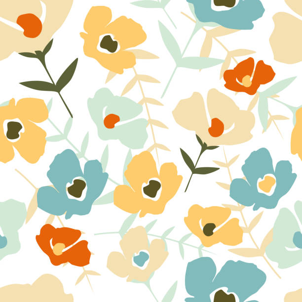 白い背景にフォークフローラルシームレスパターン。現代の抽象的な小さな花と葉 - 花柄点のイラスト素材／クリップアート素材／マンガ素材／アイコン素材
