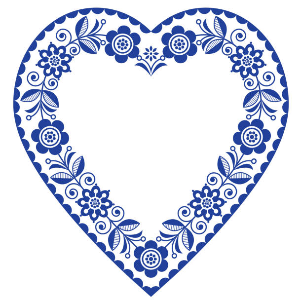 Folk heart vector design, Scandinavian floral ornament heart shape, traditional design with flowers in navy blue - birthday or wedding greeting card Retro floral background inspired by Swedish and Norwegian traditional embroidery - love concept, Valentine's Day, wedding invitation happy birthday in danish stock illustrations