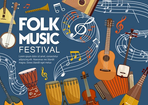 Folk music festival, musical notes and instruments