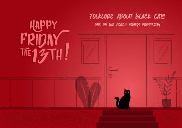 Folklore about black cat Illustration of a black cat sitting on the porch of a house on a red background friday the 13th stock illustrations