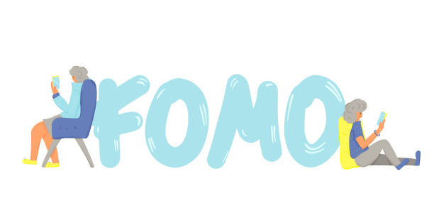 Fomo vector hand drawn text. Stylized word. Fear of missing out concept. FOMO abbreviation text emblem isolated on white background. Modern social anxiety acronym. People sitting and using their phones to calm down. Vector flat illustration fomo stock illustrations