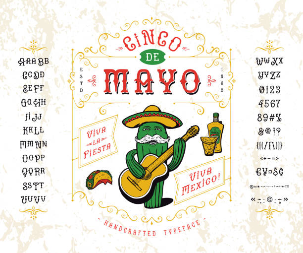 Font Cinco de Mayo. Craft retro vintage typeface Font Cinco de Mayo. Craft retro vintage typeface design. Graphic display alphabet. Fantasy type letters. Latin characters, numbers. Vector illustration. Old badge, label, logo template. cactus borders stock illustrations