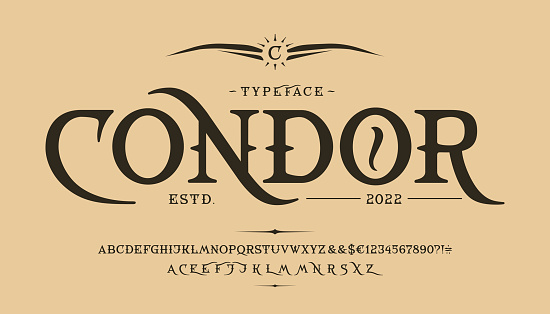Font Condor. Craft retro vintage typeface design. Graphic display alphabet. Fantasy type letters. Latin characters, numbers. Vector illustration. Old badge, label, logo template.