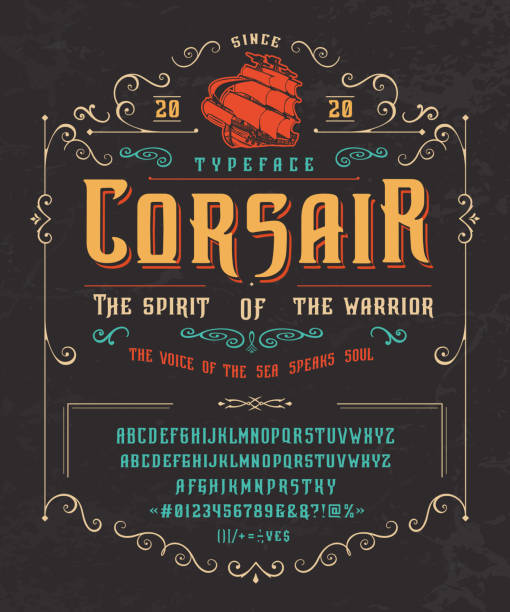 Font CORSAIR. Vintage typeface design. Font CORSAIR. Craft retro vintage typeface design. Graphic display alphabet. Fantasy style letters. Latin characters and numbers. Vector illustration. Old badge, label, logo template. alphabet borders stock illustrations