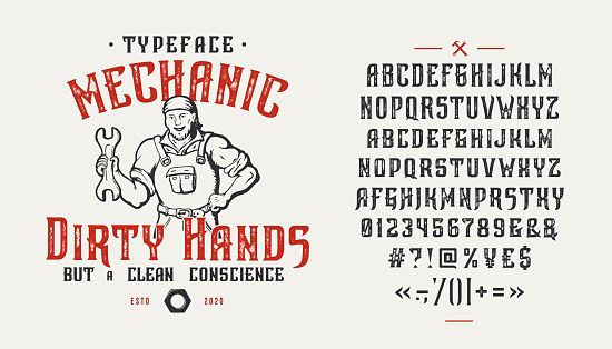 Font Mechanic Dirty Hands. Craft retro vintage typeface design. Graphic display alphabet. Fantasy type letters. Latin characters and numbers. Vector illustration. Old badge, label, logo template.