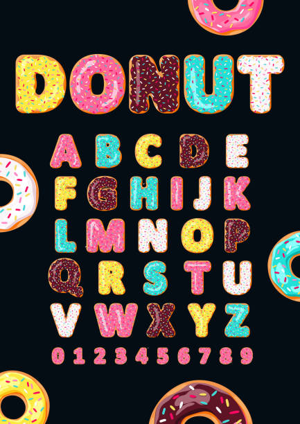 Font of donuts. Bakery sweet alphabet. Font of donuts. Bakery sweet alphabet. Letters and numbers with pink, yellow, blue donut. Donut's glaze. Vector poster doughnut stock illustrations