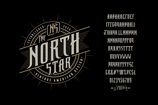 Font The North Star. Craft retro vintage typeface design. Graphic display alphabet. Fantasy type letters. Latin characters, numbers. Vector illustration. Old badge, label, logo template.