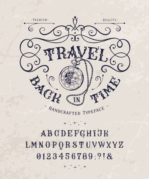 Font Travel Back in Time. Vintage letters, numbers Font Travel Back in Time. Craft retro vintage typeface design. Graphic display alphabet. Historic style letters. Latin characters and numbers. Vector illustration. Old badge, label, logo template. adventure borders stock illustrations