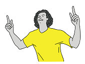 Football or soccer player, raising two hands, celebrating with cheerful moment. Vector illustration, thin line art, hand drawn sketch.