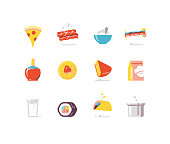 Prepared food flat icon series including bacon, sandwich, taco, sushi, etc.