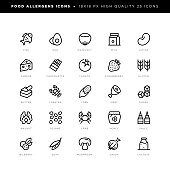 18 x 18 pixel high quality editable stroke line icons. These 25 simple modern icons are about food allergens and include icons of fish, egg, hazelnut, milk, lupins, cheese, tomato, strawberry, gluten, butter, lobster, corn, meat, sugar, walnut, sesame, crab, honey, sauce, bilberry, soya, mushroom, onion, lactose etc.