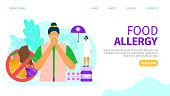 Food allergy, landing page, vector illustration. Woman character with health problem, insurance from doctor template page. Organic product allergy, diet for allergic patient person.