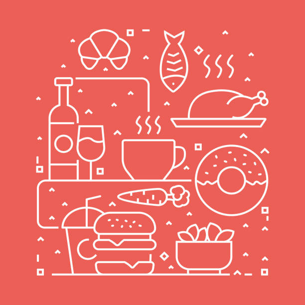 stockillustraties, clipart, cartoons en iconen met voedsel en drank concept ontwerpsjabloon. overzichts symbool, abstract - plate hamburger