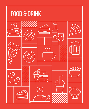 Food and Drink Concept. Geometric Retro Style Banner and Poster Concept with Food and Drink Line Icons