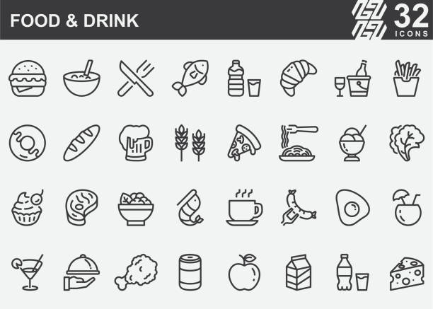 stockillustraties, clipart, cartoons en iconen met eten en drinken line iconen - plate hamburger