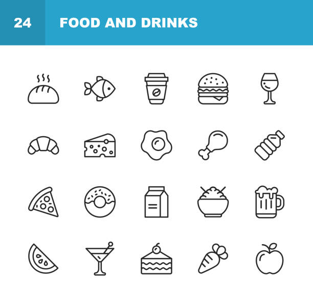 Food and Drinks Line Icons. Editable Stroke. Pixel Perfect. For Mobile and Web. Contains such icons as Bread, Wine, Hamburger, Milk, Carrot. 20 Food and Drinks Outline Icons. cheese icons stock illustrations