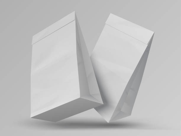 ilustrações de stock, clip art, desenhos animados e ícones de food bags. realistic white paper packages. blank closed packets, mockup for branding. bagged snacks and takeaway meal. ecological packaging, vector recyclable sacks with copy space - paper bag craft
