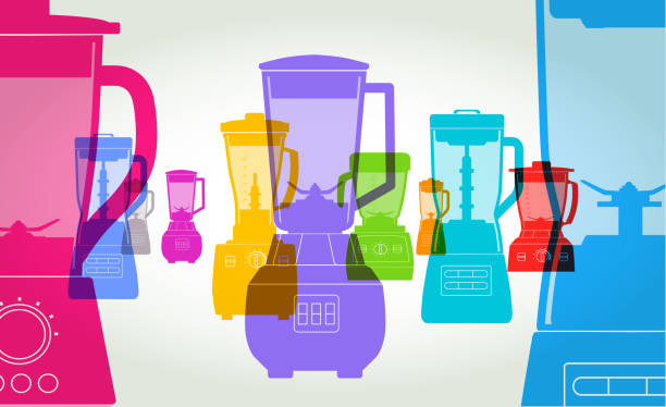 Food Blender or Processor Colourful overlapping silhouettes of Food Blenders. Kitchenware department, cooking, eating, kitchen, catering, cafe, electric appliance, house, Domestic Kitchen, Domestic Life, Food Blender, Food Processor, Electric Mixer, juicer, smoothie silhouettes stock illustrations