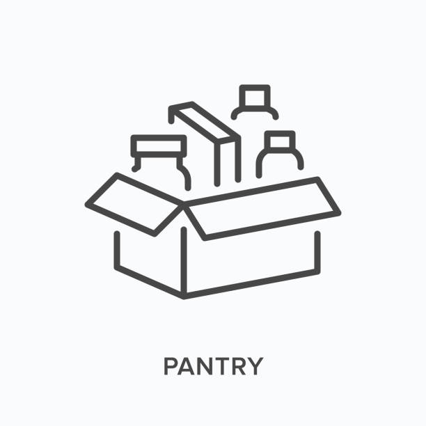 Food box flat line icon. Vector outline illustration of pantry, charity product share. Humanitarian help thin linear pictogram Food box flat line icon. Vector outline illustration of pantry, charity product share. Humanitarian help thin linear pictogram. pantry stock illustrations