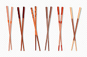 Food Chopsticks. Wooden Chinese sticks for Asian dishes, different types of colorful bamboo food sticks. Vector oriental utensils closeup isolated set