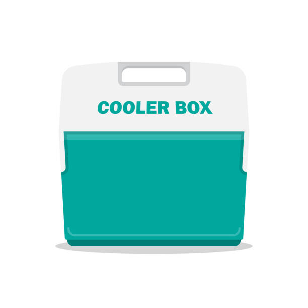 food container ice cooler Handheld blue refrigerator, ice cooler for picnic or camping. Vector illustration, isolated over white background chest freezer stock illustrations