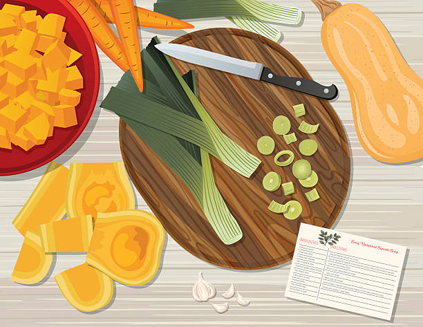Food Cooking Flat Lay On A Wood Background Flat lay of foods and cooking utensils on a wood background. Assorted vegetables and cutting board. all vocabulary stock illustrations