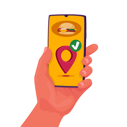 Food Delivery App in Mobile Phone. Restaurant Order Online. Hand Holding Smartphone to Get Take Away Lunch at Home. Fast Courier Service. Burger Menu on Cellphone Screen. Cartoon Vector Illustration