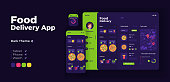 Food delivery app screen vector adaptive design template. Italian fast food ordering application night mode interface with flat illustrations. Smartphone, tablet, smart watch cartoon UI