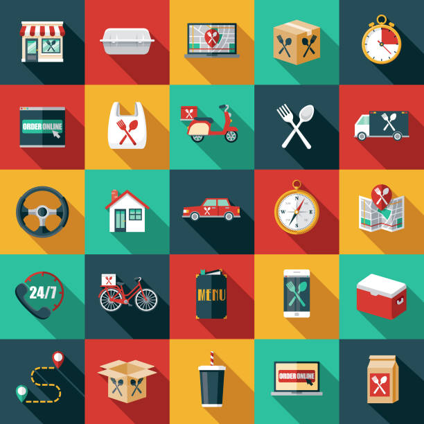 Food Delivery Icon Set A set of food delivery themed icons. File is built in the CMYK color space for optimal printing. Color swatches are global so it’s easy to edit and change the colors. box container illustrations stock illustrations