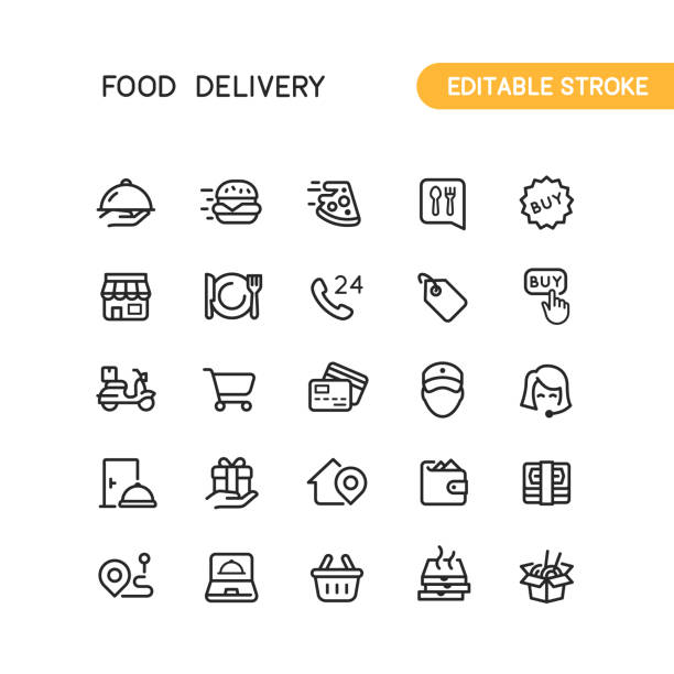 stockillustraties, clipart, cartoons en iconen met pictogrammen voor maaltijdbezorging bewerkbare lijn - plate hamburger