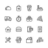 16 Food Delivery Outline Icons. Food, Take Out Food, Food Distribution, Taco, Mexican Food, American Food, Bag, Food Container, Coffee Cup, Drink, Sushi, Chinese Food, Italian Food, Food Truck, Delivery Truck, Timer, Pizza, Hamburger, Credit Card, Mobile App, Using Phone, Navigation, Location, Route Tracking, Fork, Knife, Eating, Restaurant, Customer Support, Chicken Wings, Fast Food.