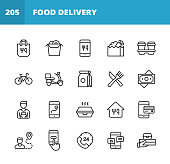 20 Food Delivery Outline Icons. Food, Bag, Sushi, Chinese Food, Mobile App, Box, Coffee Cup, Drink, Bicycle, Motor Scooter, Money, Dollar Bill, Gig Worker, Food Delivery Guy, Navigation, Route, Food Container, Credit Card, Button, Call Center, Customer Support, Restaurant, Take Out Food, Food Distribution, Fast Food.