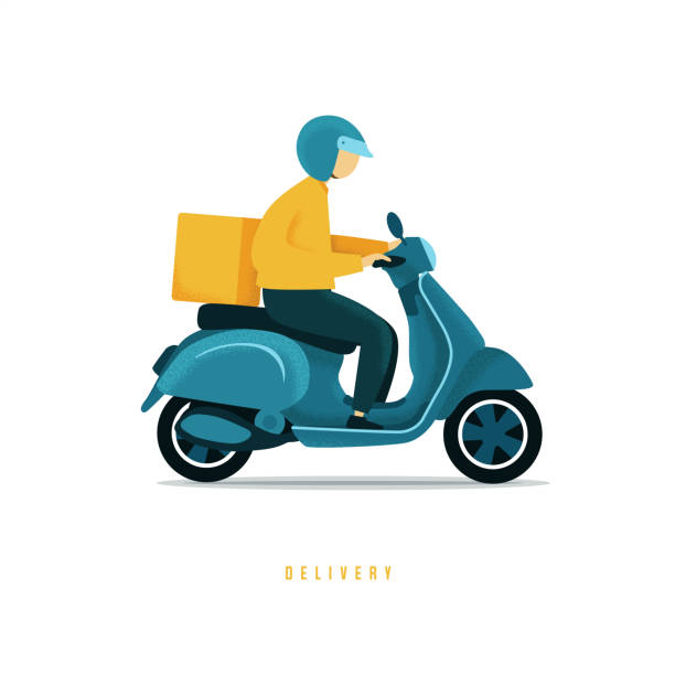 illustrations, cliparts, dessins animés et icônes de livreur de nourriture conduisant un scooter bleu. homme courier conduisant le scooter avec le concept rapide de livraison de boîte de colis. - scooter