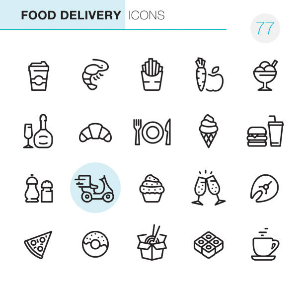 20 Outline Style - Black line - Pixel Perfect icons / Set #77
Icons are designed in 48x48pх square, outline stroke 2px.

First row of outline icons contains: 
Take away Coffee Paper Cup, Shrimp - Seafood, French Fries, Carrot and Apple (Healthy Food), Ice Cream;

Second row contains: 
Champagne Bottle and Glass, Croissant, Crockery, Ice Cream Cone, Hamburger & Soda (Fast Food);

Third row contains: 
Salt & Pepper Shaker, Food Delivery, Cupcake, Champagne Flute, Salmon Steak; 

Fourth row contains: 
Pizza, Donut, Chinese Take away Food, Salmon Roll, Coffee Cup.

Complete Primico collection - https://www.istockphoto.com/collaboration/boards/NQPVdXl6m0W6Zy5mWYkSyw