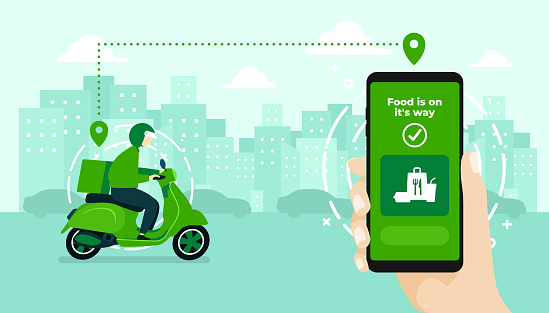 Food delivery service by scooter with courier. Hand holding mobile application tracking a delivery man on a moped. city skyline in the background.