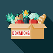 A flat design food and grocery donation box icon with a long side shadow. Color swatches are global so it’s easy to edit and change the colors.