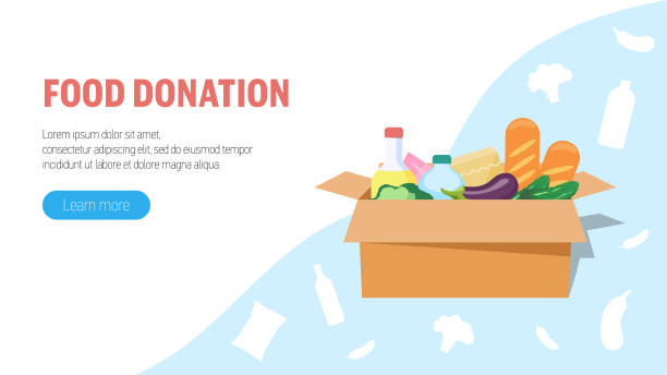 食の寄付の概念。食べ物の寄付と大きな箱。ウェブバナー、インフォグラフィック。 - 募金箱点のイラスト素材／クリップアート素材／マンガ素材／アイコン素材