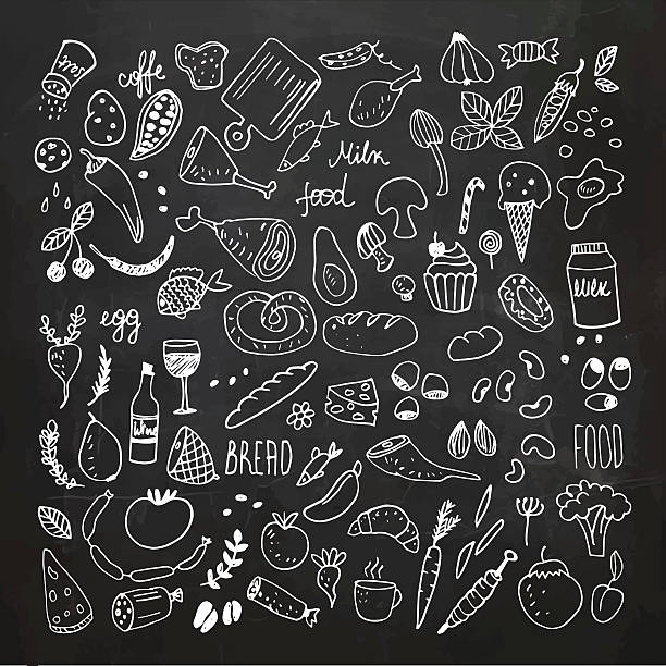 Food doodles collection. Hand drawn vector icons. Freehand drawing Food doodles chalkboard collection. Hand drawn icons. Freehand chalk drawing. Vector Illustration.EPS10, Ai10, PDF, High-Res JPEG included. chalk art equipment stock illustrations
