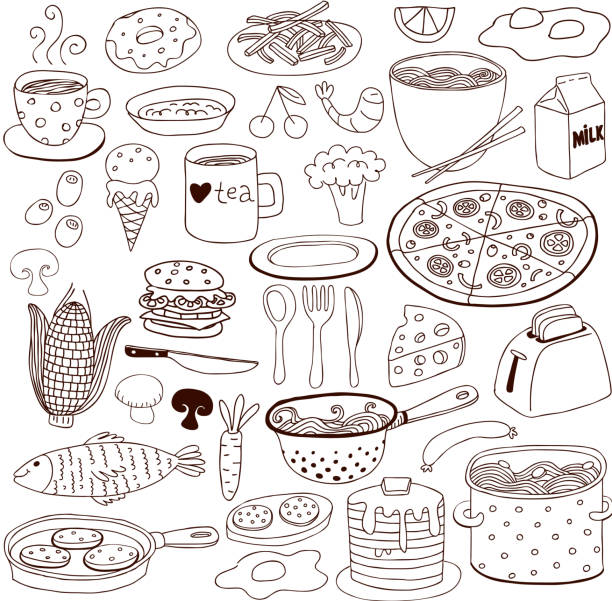 bildbanksillustrationer, clip art samt tecknat material och ikoner med food doodles set - fisk med stekt svamp