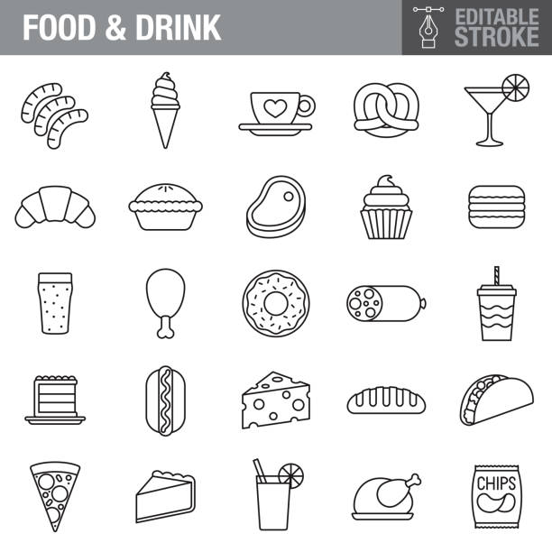 Food & Drink Editable Stroke Icon Set A set of food and drink editable stroke icons. File is built in the CMYK color space for optimal printing. Color swatches are global so it’s easy to edit and change the colors. cheese icons stock illustrations