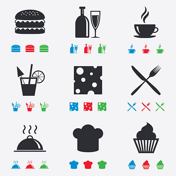 Food, drink icons. Coffee and hamburger signs. Cocktail, cheese and...