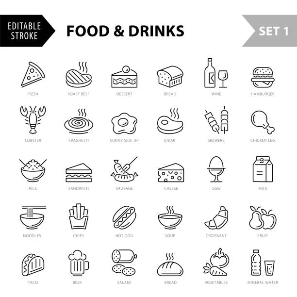 ilustrações, clipart, desenhos animados e ícones de food & drinks ícones conjunto de linha fina - traço editável - set1 - comida congelada